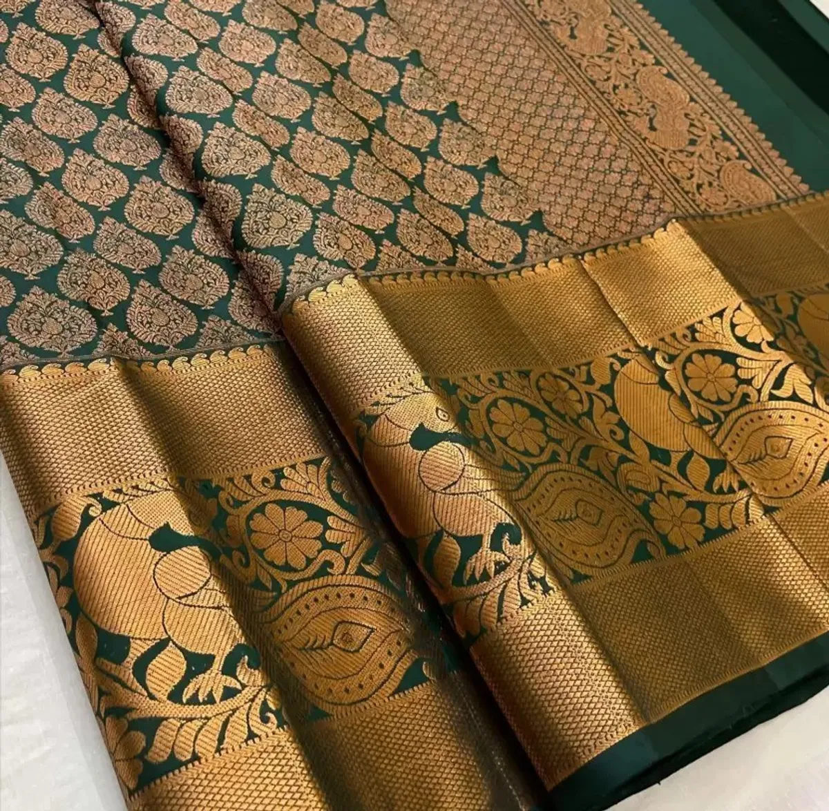 Dark Green Woven Kanjivaram Silk Saree with Saree Cover